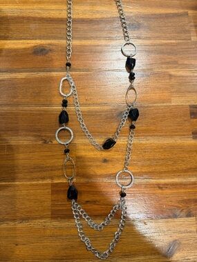 Silver Chain Necklace with Black Beads - Women Jewelry